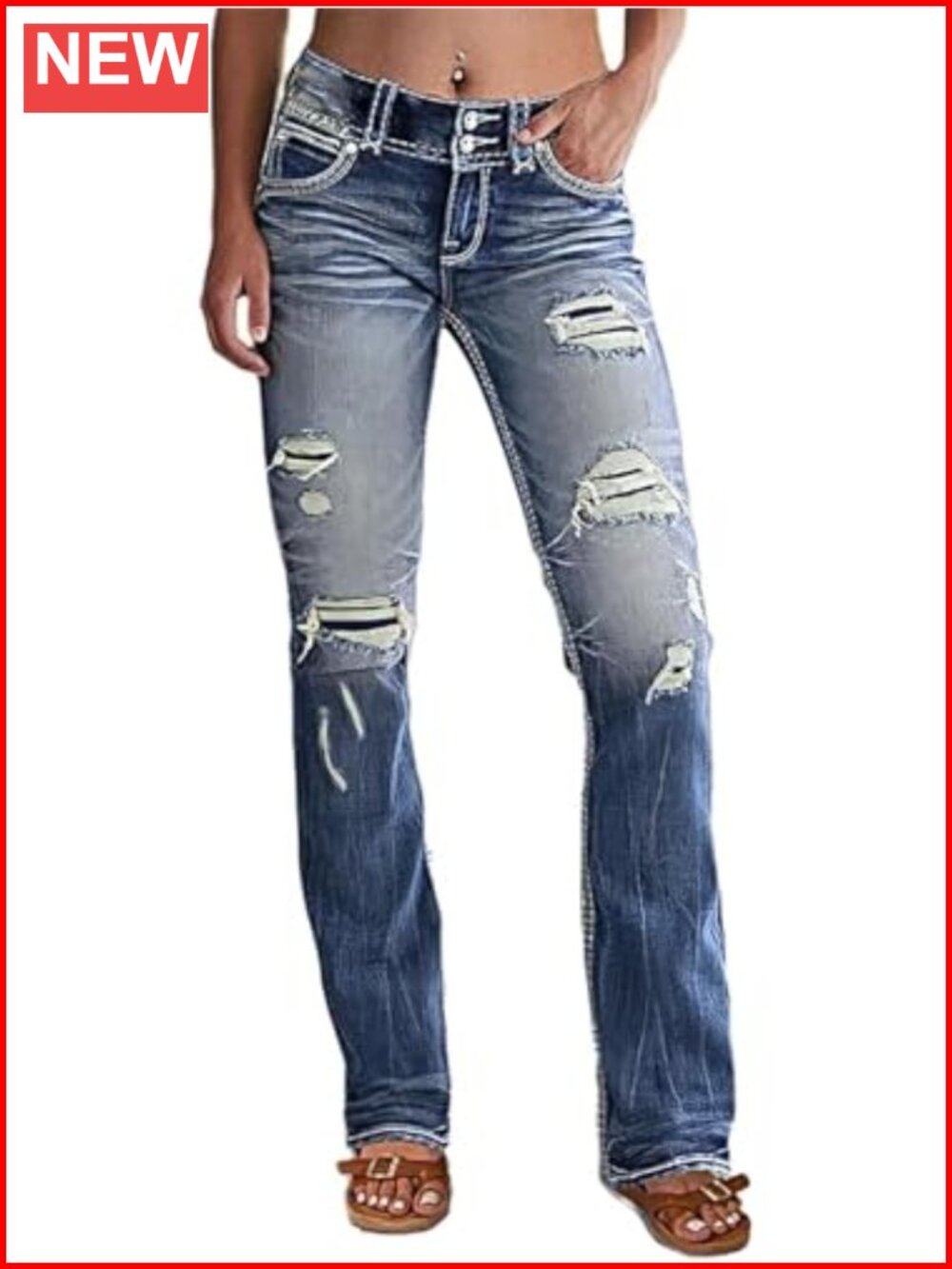 Flamingals Distressed Bootcut Low Rise Jeans Ripped Flare Stretch Denim